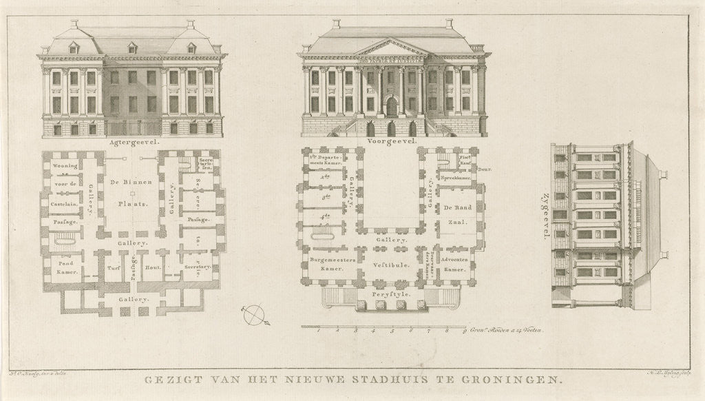 Detail of Facades and floor plans of the City Hall of Groningen by Hendrik Leffert Meyling