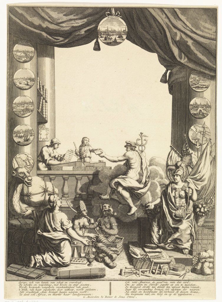 Detail of Mercury, in the cloud, giving an envelope to a boy who helps a man with his records by Hendrik Post