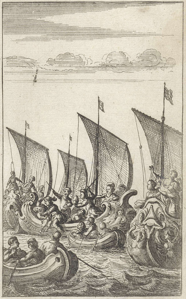 Detail of At sea soldiers fight against each other in galleys and in simple rowboats by Abraham Dircksz Santvoort