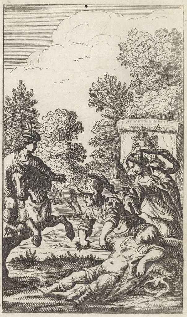 Detail of Three persons around the body of a soldier by Gerrit van Goedesberg