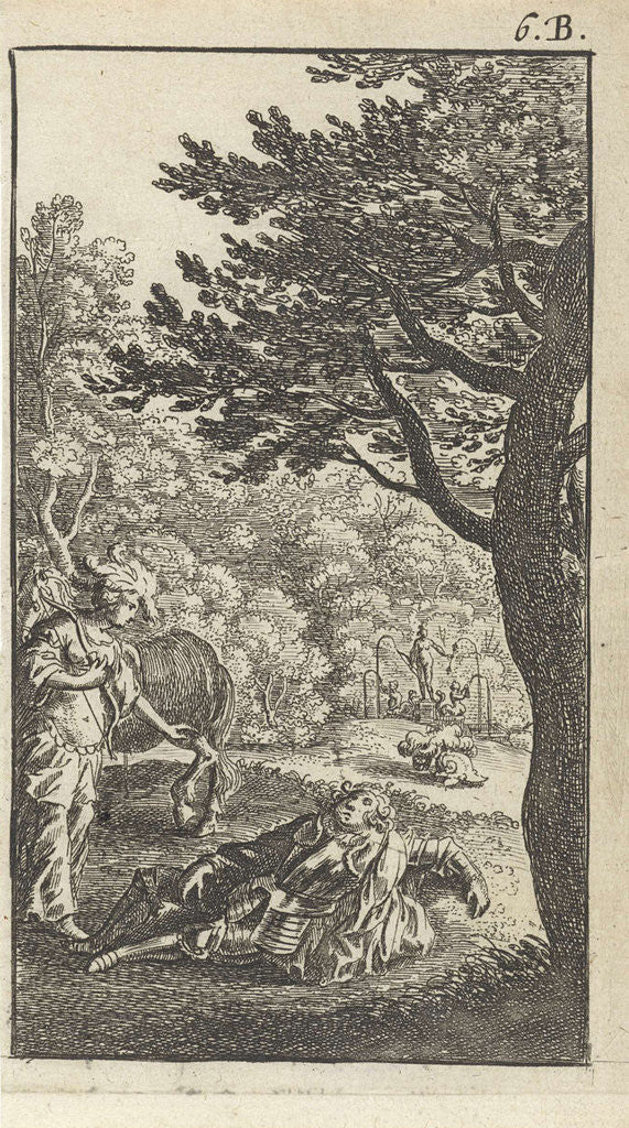 Detail of In a park left a huntress with a bow, for her is a man in armor on the ground, he is probably the horse behind her cases, further on is his helmet by Abraham Dircksz Santvoort