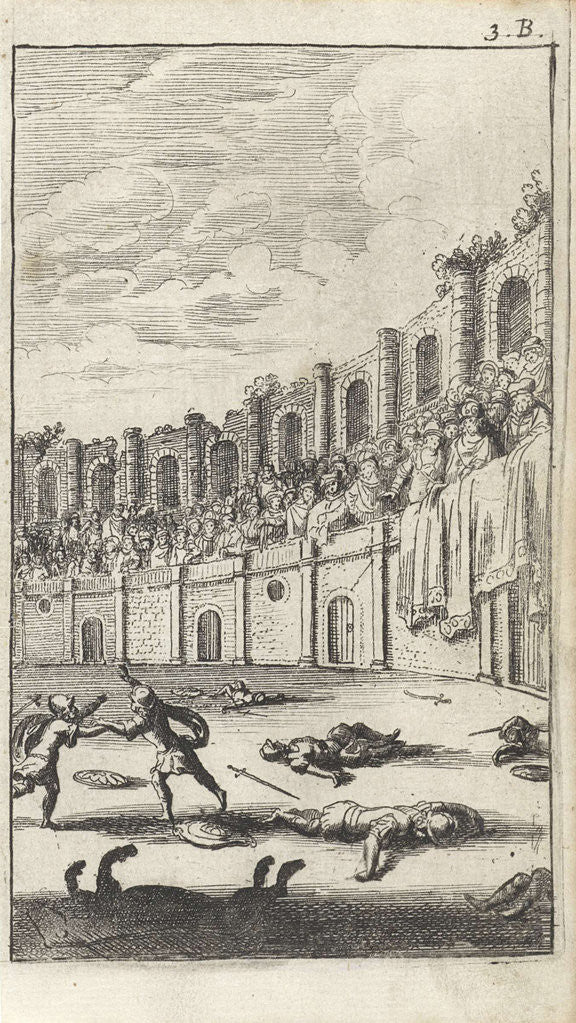 Detail of Fighting gladiators in an arena by Gerrit van Goedesberg