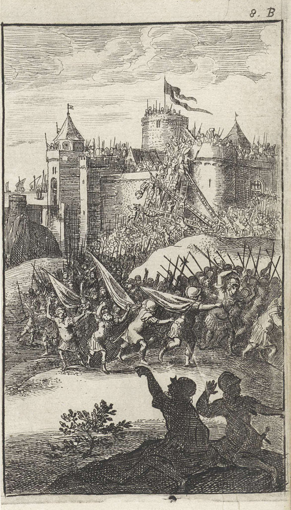 Detail of soldiers storming a castle by Gerrit van Goedesberg