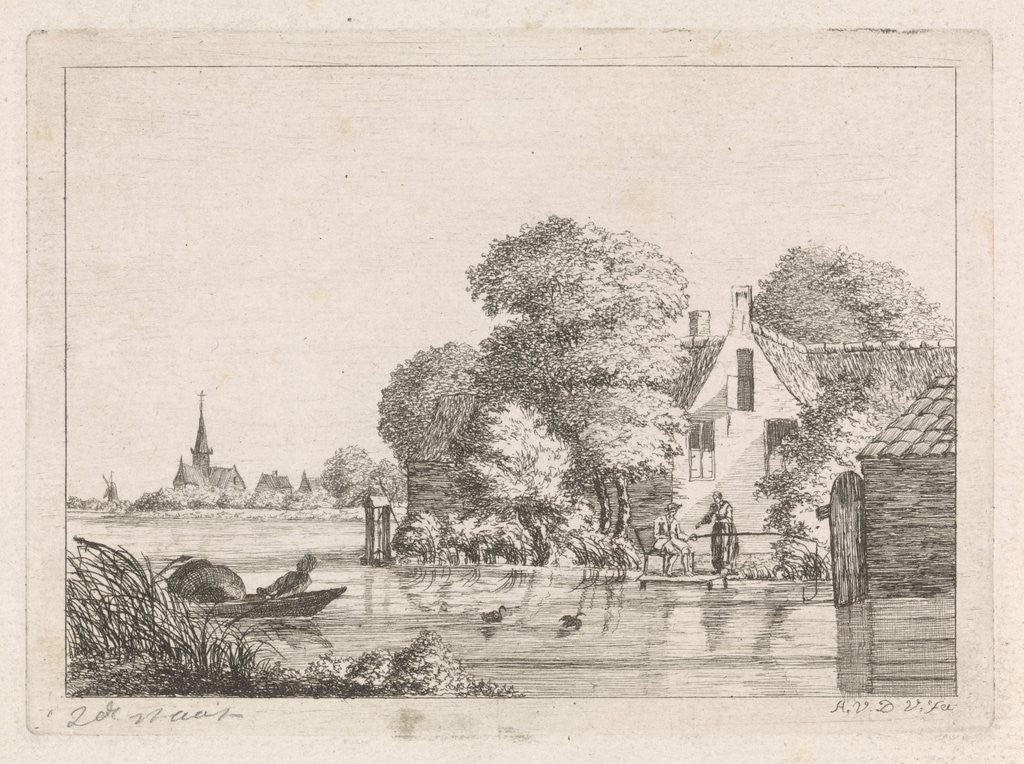 Detail of Right for a house, a man sits on a pier angling and a woman is standing, Left a village church, on the water a man in a rowboat in which a wicker trap by A. van de Velde