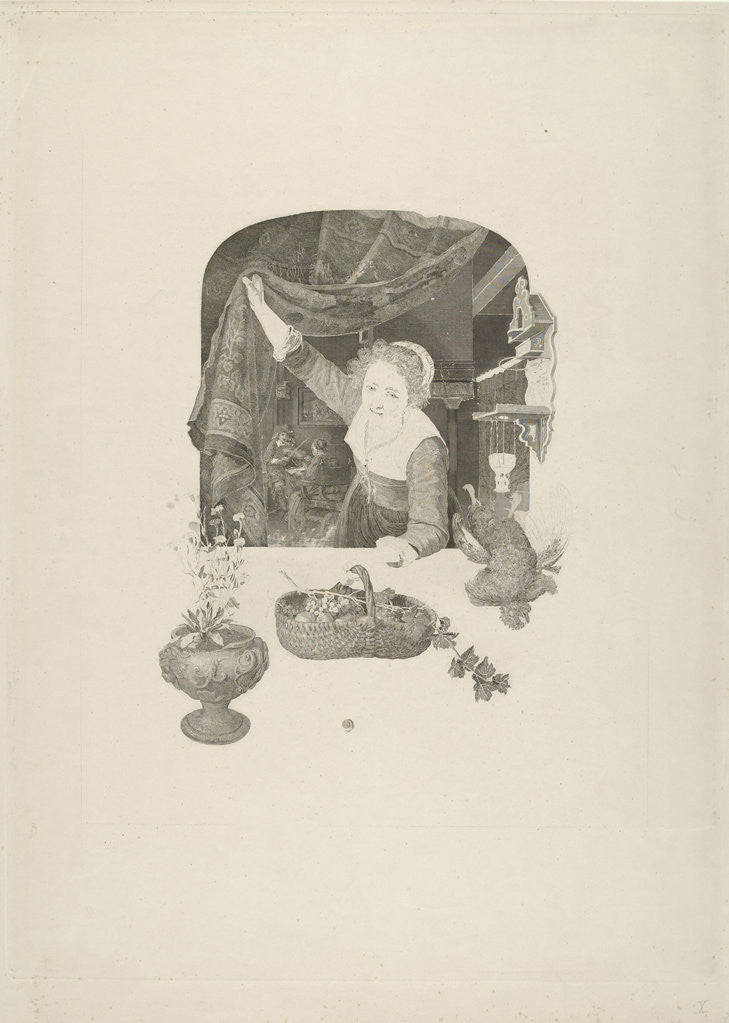 Detail of A young woman with a basket of fruit in her hand in a window by Henricus Wilhelmus Couwenberg