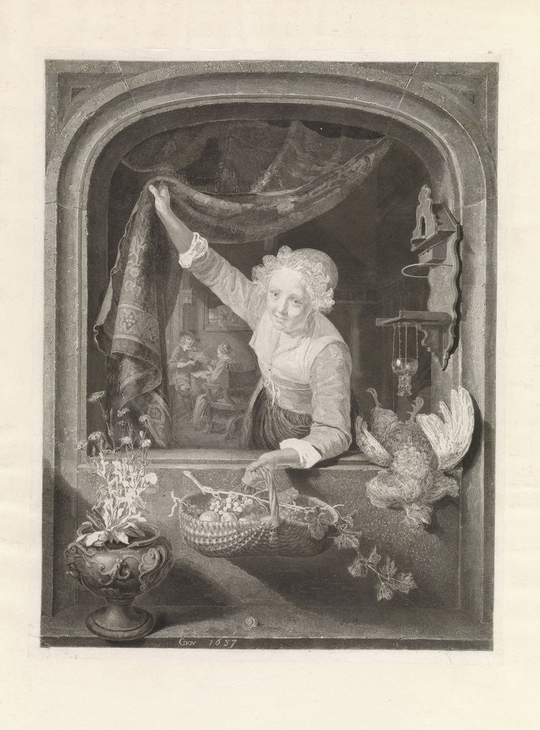 Detail of Woman with basket of fruit in the hand at the window by Henricus Wilhelmus Couwenberg