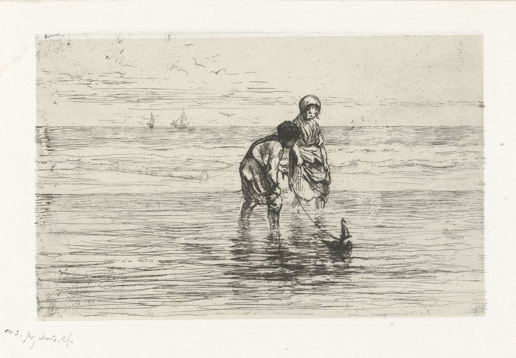 Detail of Children playing with a boat on the beach by Jozef Israëls