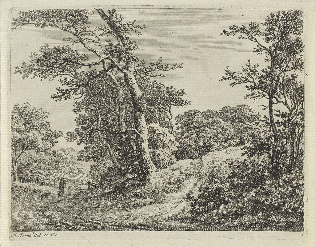 Detail of Path along a tree-covered hill, on the road, a man with a dog by Adrianus Serné
