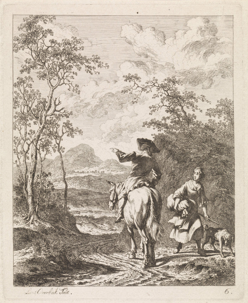 Detail of Horseman ask the way to a girl with dog by Leendert Overbeek