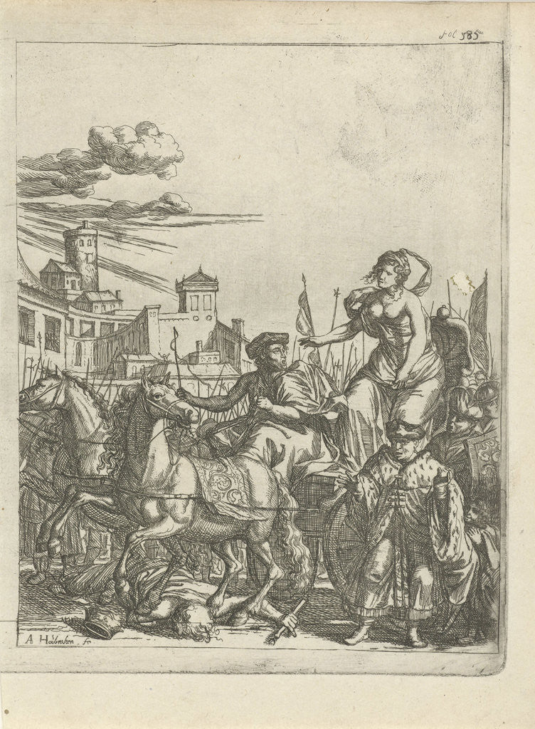 Detail of Tullia driving her car over the corpse of her father by Arnold Houbraken