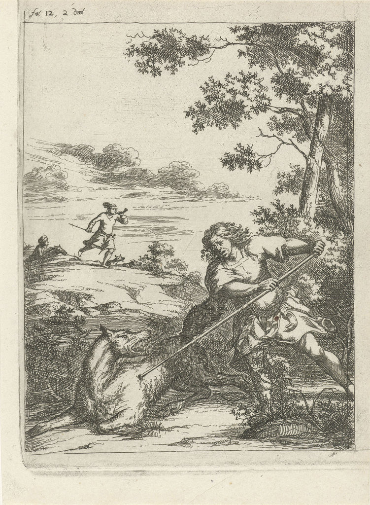 Detail of Fercard king of Scotland kills a wolf by Arnold Houbraken