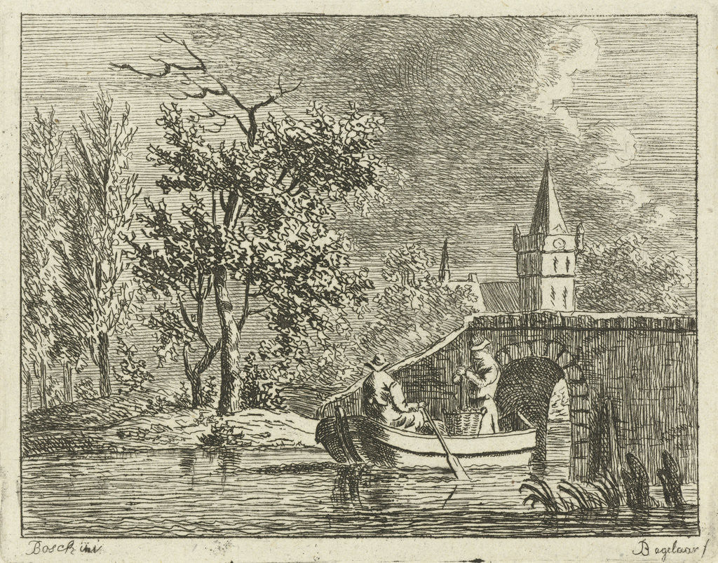 Detail of Two men in a rowing boat directly behind a stone bridge by Ernst Willem Jan Bagelaar