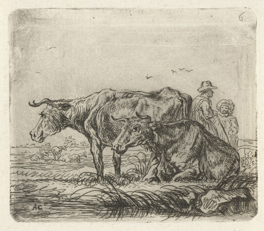 Detail of Two cows with a shepherd and a child by Ernst Willem Jan Bagelaar