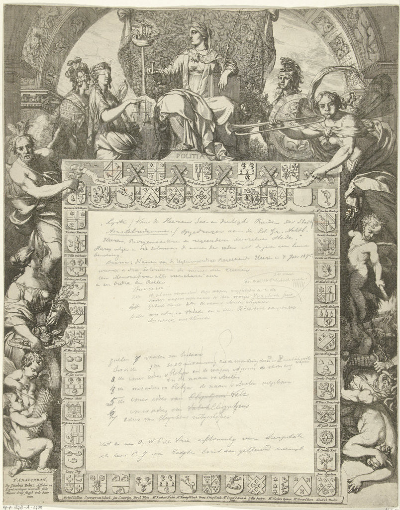 Detail of Allegory of the board of the city of Amsterdam with arms of government members by Jacobus Robijn