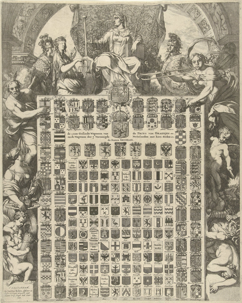Detail of Gender Arms of Prince William III in an allegorical frame by Jacobus Robijn