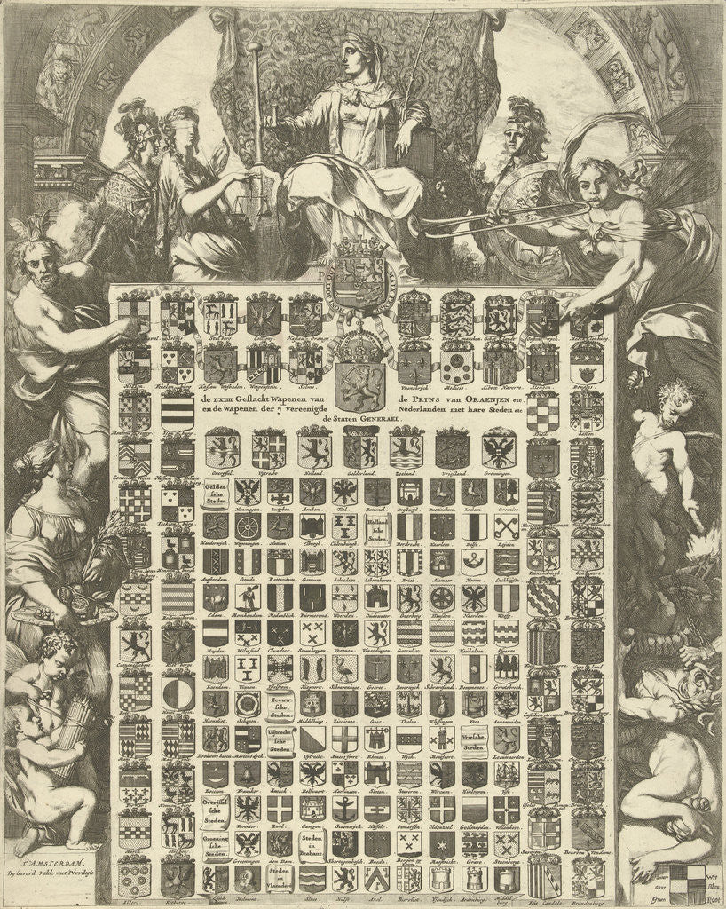 Detail of Gender Arms of Prince William III in an allegorical frame by Gerard Valck