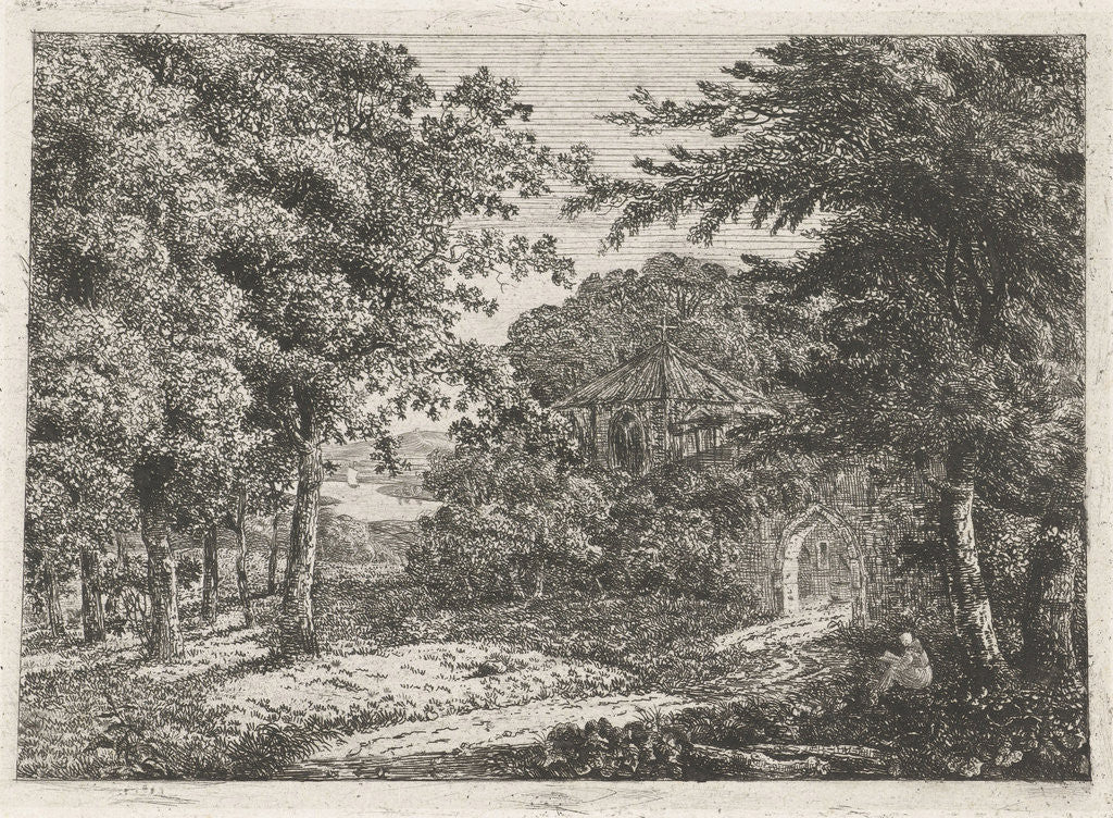 Detail of Landscape with chapel between trees and reading monk by Adriaan Jacob Willem van Dielen