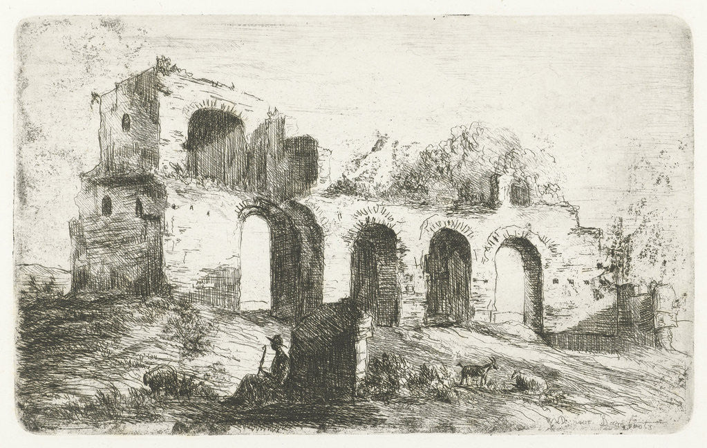 Detail of Southern landscape with ruins and a shepherd with cattle by Willem Matthias Jan van Dielen