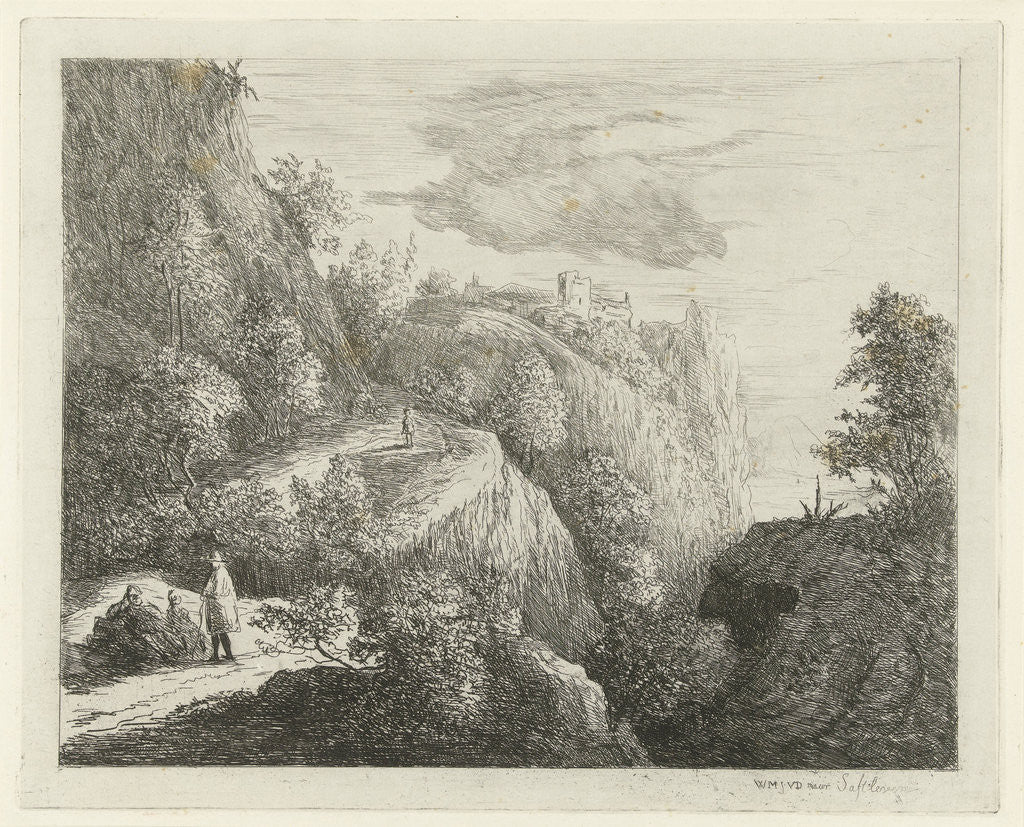 Detail of Mountain landscape with figures resting on side of road by Willem Matthias Jan van Dielen