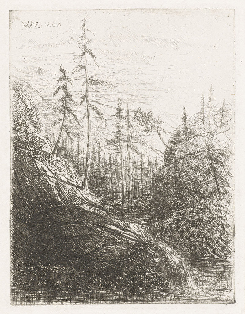 Detail of Mountain landscape with pine trees and brook by Willem Matthias Jan van Dielen