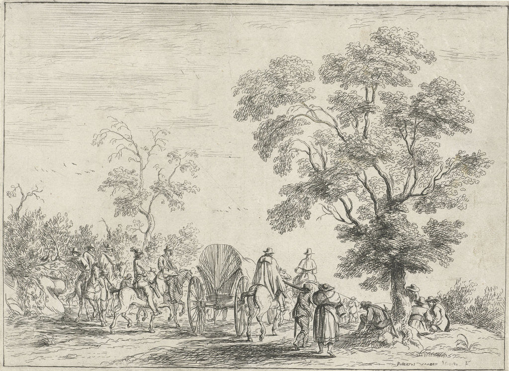 Detail of A landscape in which horsemen on a path in the middle a wagon by Robert van den Hoecke
