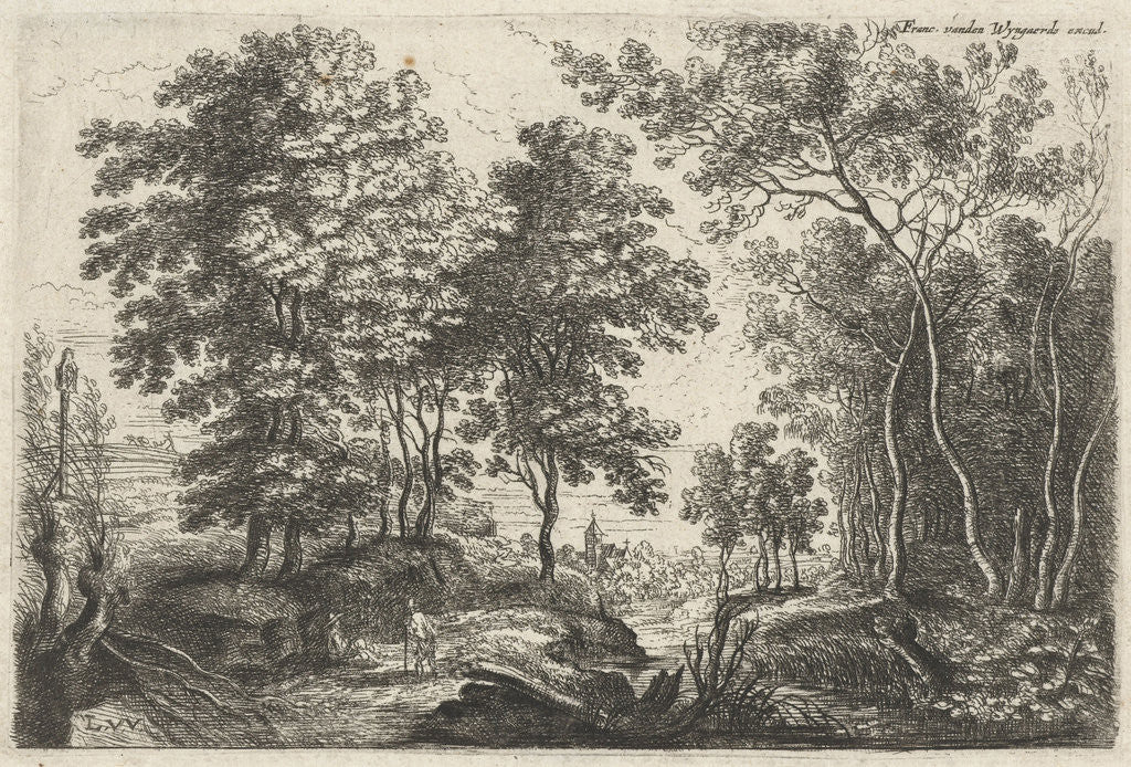Detail of Landscape with a stream through a forest by Lucas van Uden