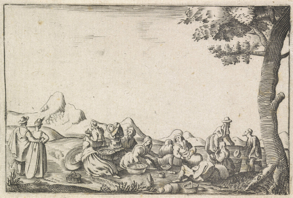 Detail of Men and women sit in a landscape with some baskets, They eat and drink, Left a couple right beside the tree a beggar by Monogrammist MW