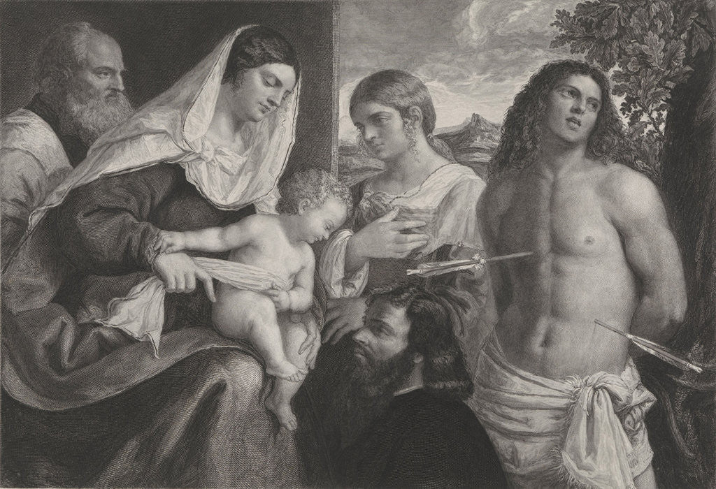 Detail of St. Sebastian, Mary with Child and three figures, In the background sweeping hills by Johannes de Mare