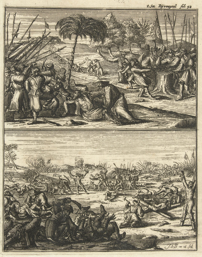 Detail of Europeans are tortured and murdered by the Chinese, Under a battlefield with dead, Some whites are crucified by the Chinese by Johannes van Baden