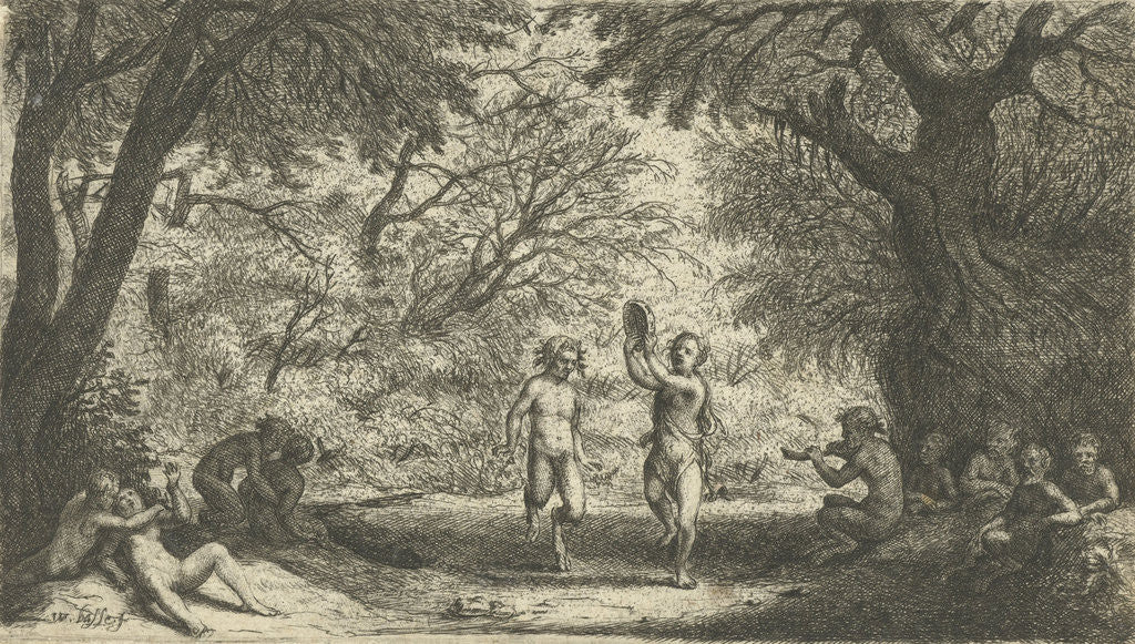 Detail of Orgy partying with satyrs and wood nymphs in the forest, A couple dances in the middle by Willem Basse