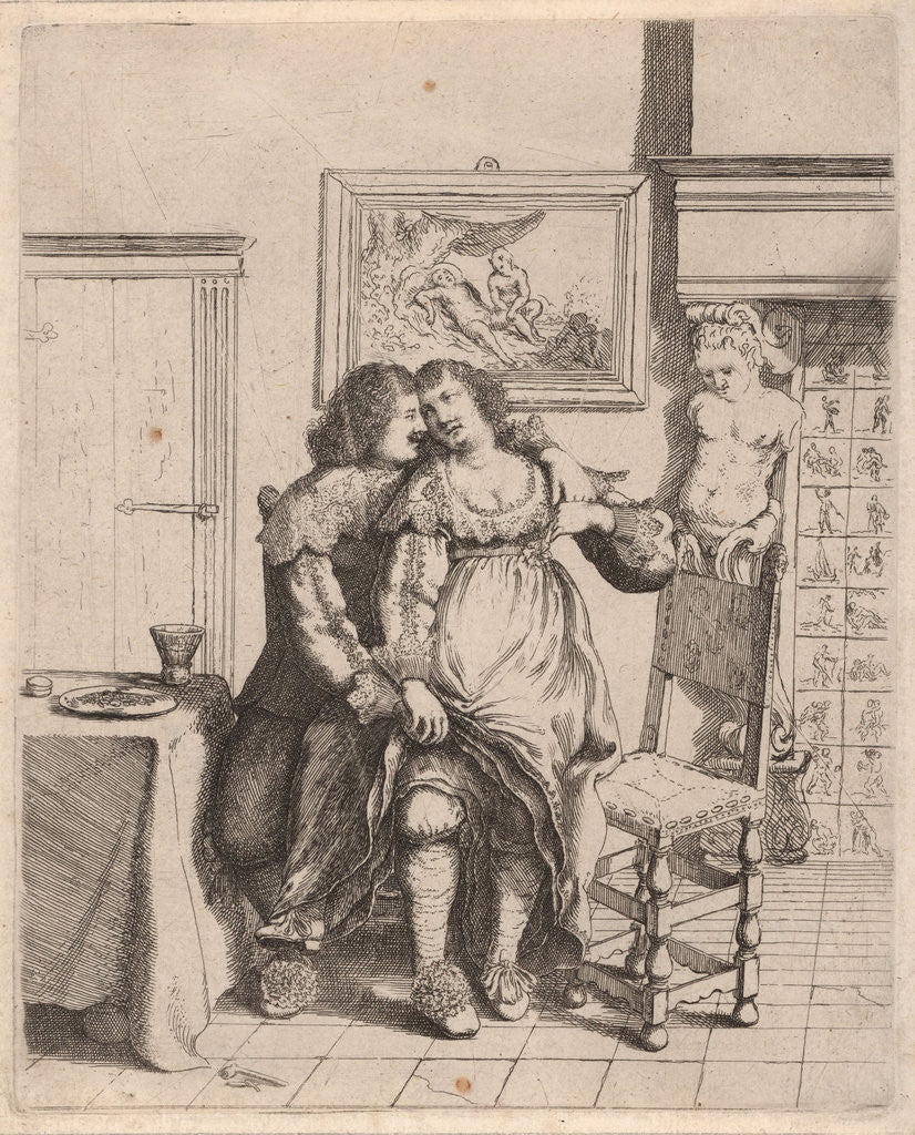 Detail of A woman sitting on the lap of a man by William Basse