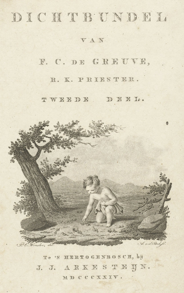 Detail of Title page with landscape with child picks flowers and text by J.J. Arkesteijn