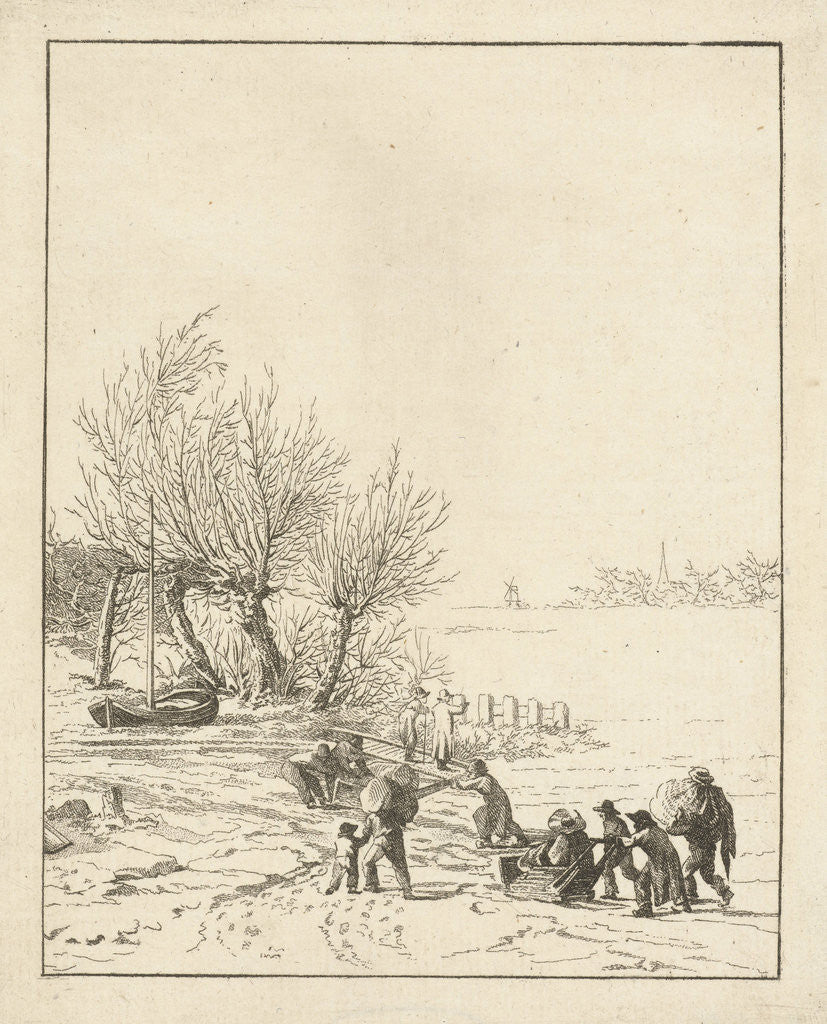 Detail of Frozen river sledging with children by Dirk Langendijk