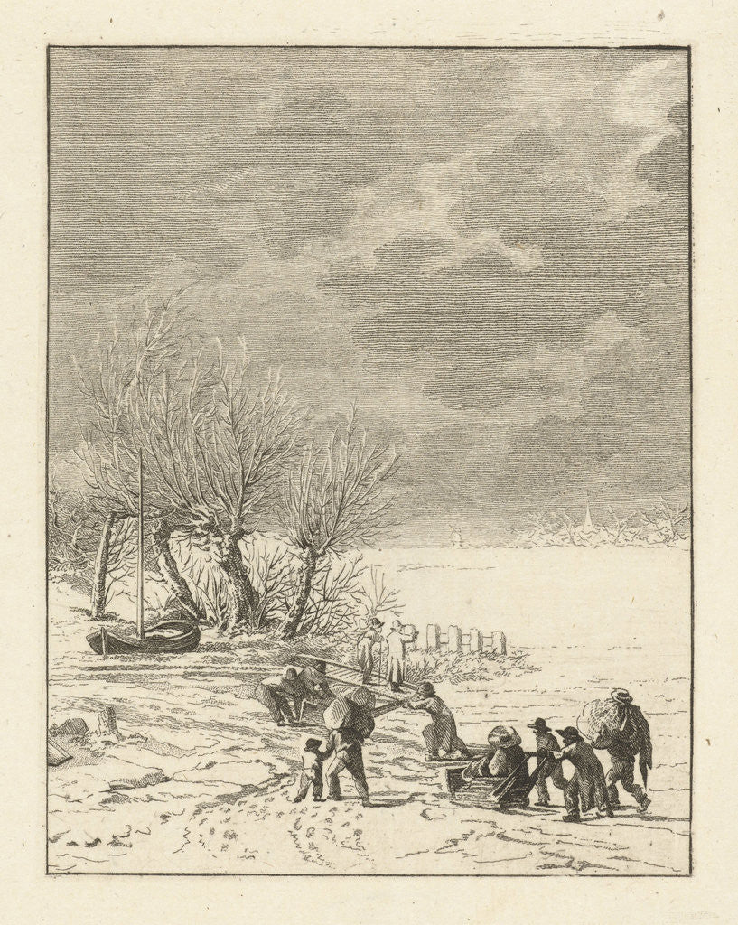 Detail of Frozen river sledging with children by Dirk Langendijk