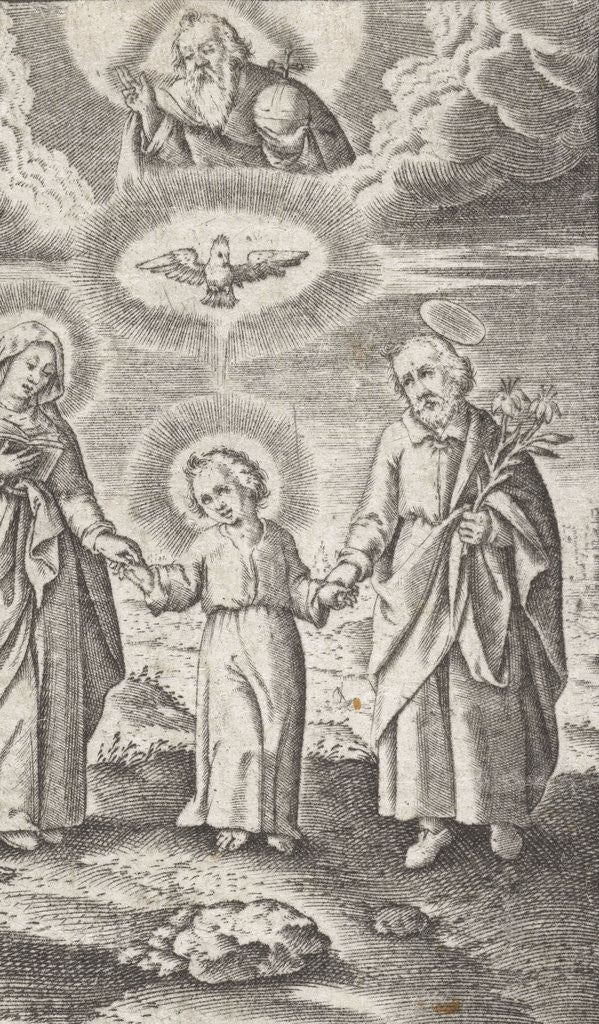 Detail of Young Christ between Mary and Joseph, and above them Holy Spirit and God by Peter van Lackveldt