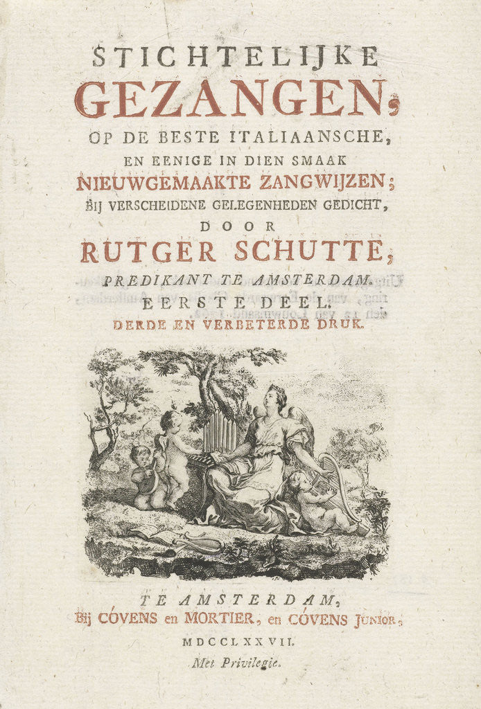 Detail of Title page for: R. Schutte, Devotional songs, Amsterdam, The Netherlands, 1777 by Johannes Covens Jr