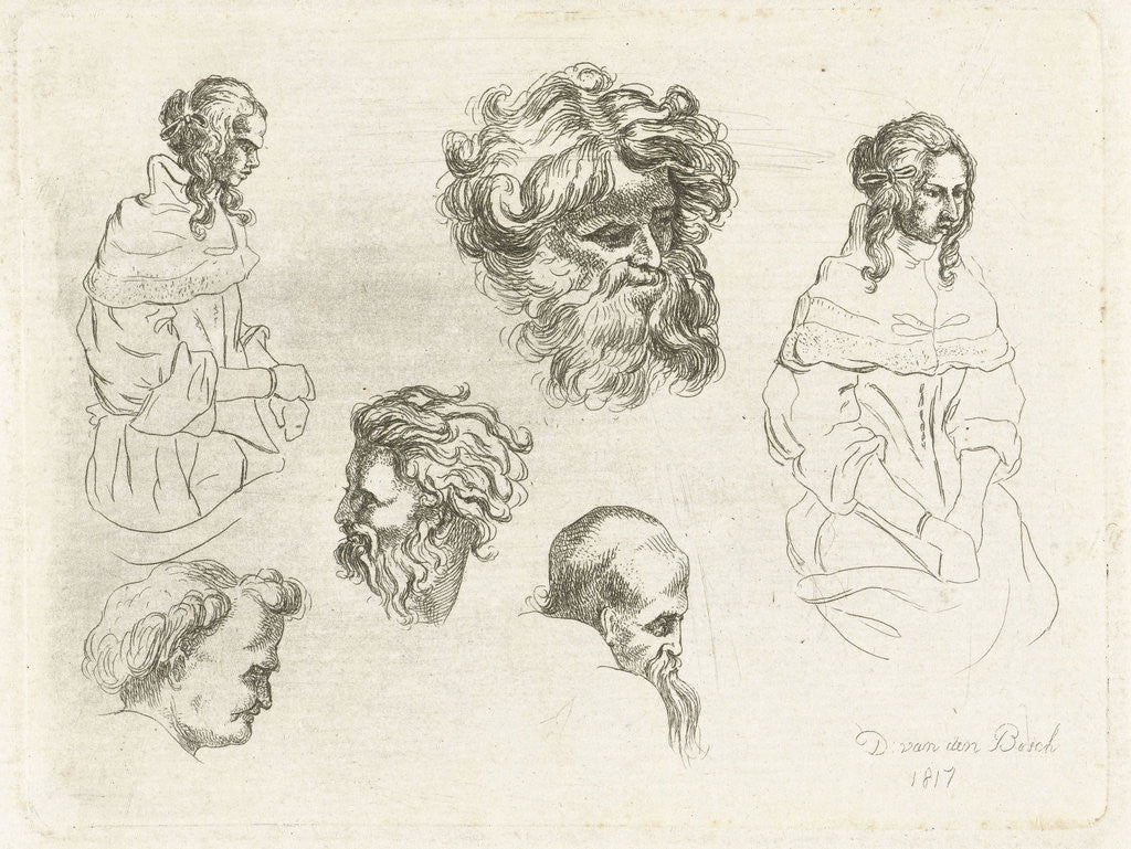 Detail of Study Sheet with heads and female bodies by D. van den Bosch