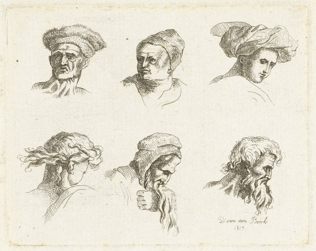 Detail of Study Sheet with six heads in two rows above the other by D. van den Bosch