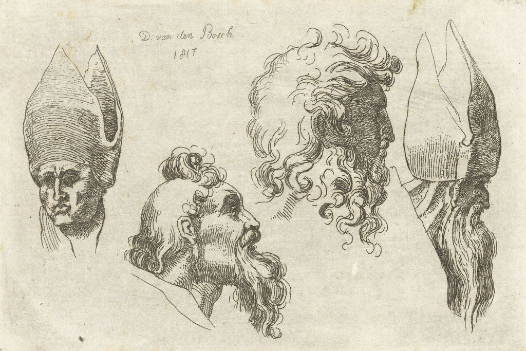 Detail of Study Sheet with four heads, two with a mitre by D. van den Bosch
