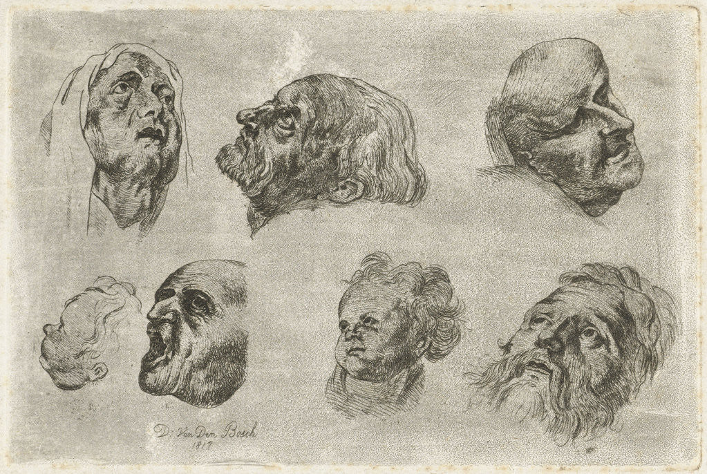 Detail of Study Sheet with seven heads in two rows by D. van den Bosch