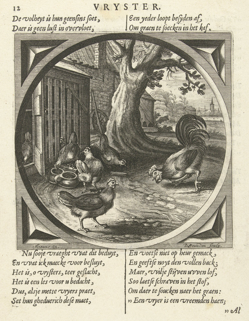 Detail of Chickens and rooster in a hen house by Daniël van den Bremden