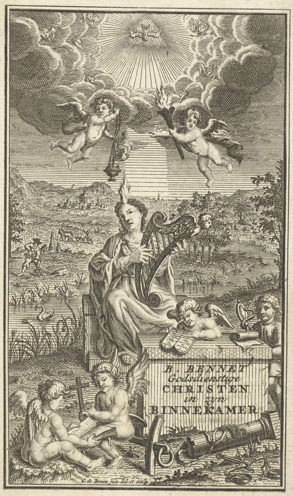Detail of Title page for: Benjamin Bennet, Religious Christian inside room by Gerrit de Broen Jr