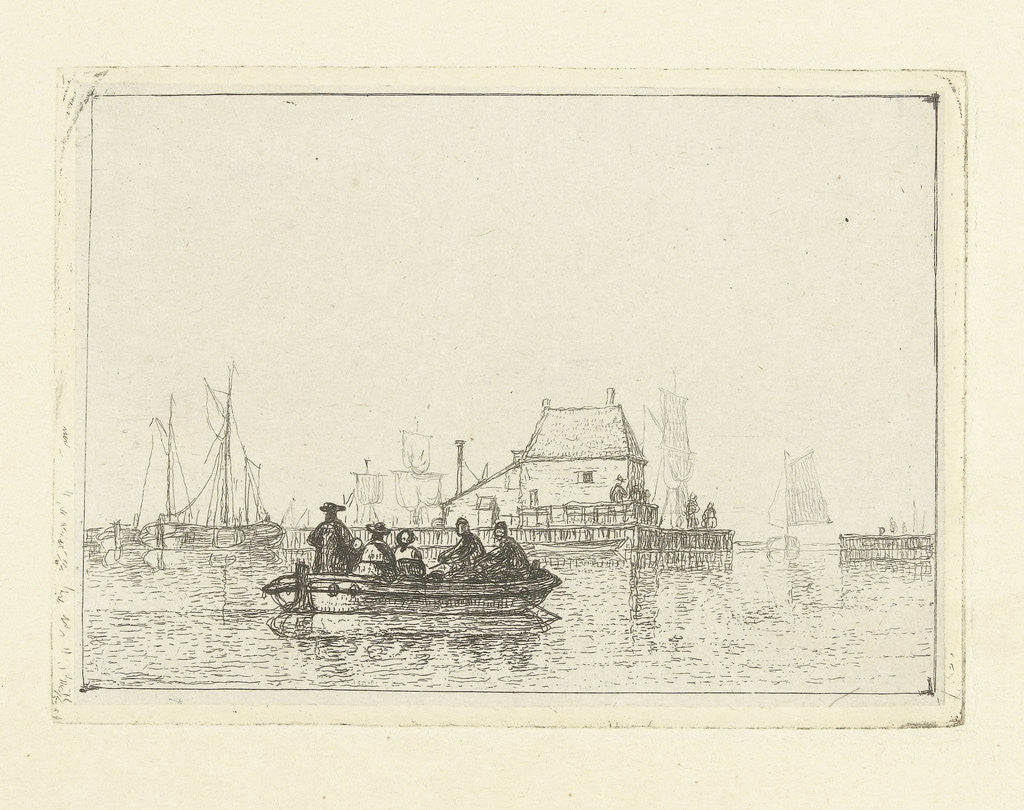 Detail of River view with rowing boat at pier by Albertus Brondgeest