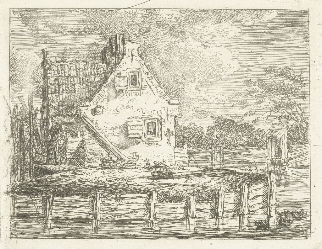 Detail of Stone house with yard surrounded by water by Albertus Brondgeest