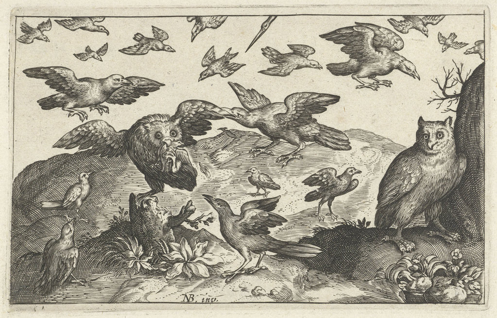 Detail of Owl with prey attacked by other birds by Claes Jansz. Visscher II