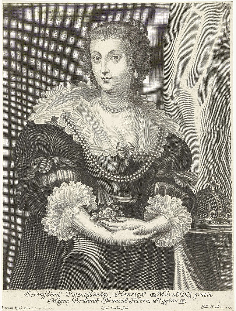 Detail of Portrait of Henrietta Maria, elbow, seen from the front, She holds a flower in the hand, Beside her on a table is her crown by Adriaen Lommelin