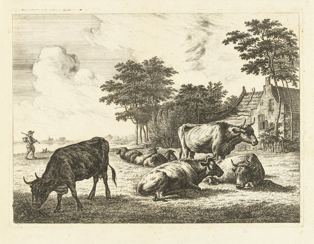 Detail of Cows and sheep lying in meadow for farm by Johannes van Cuylenburgh