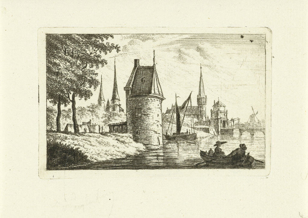 Detail of Cityscape with tower on river by Johannes van Cuylenburgh