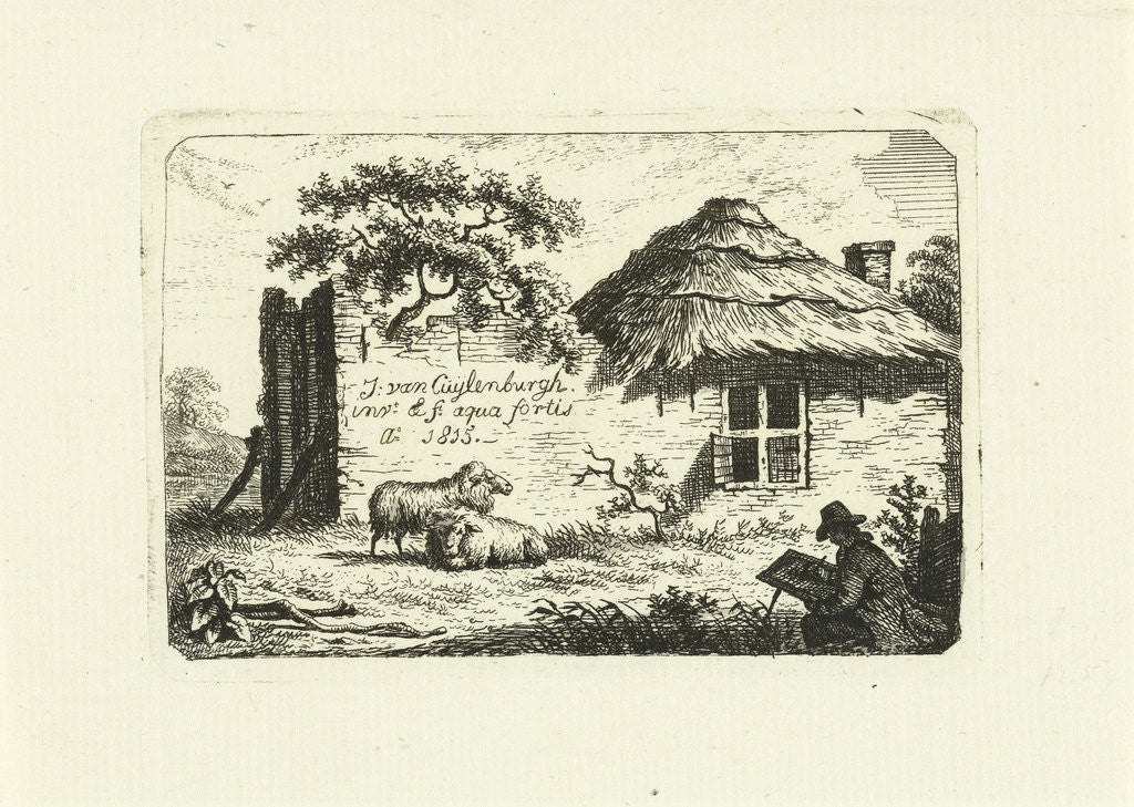 Detail of Artist at rundown farmhouse with two sheep by Johannes van Cuylenburgh