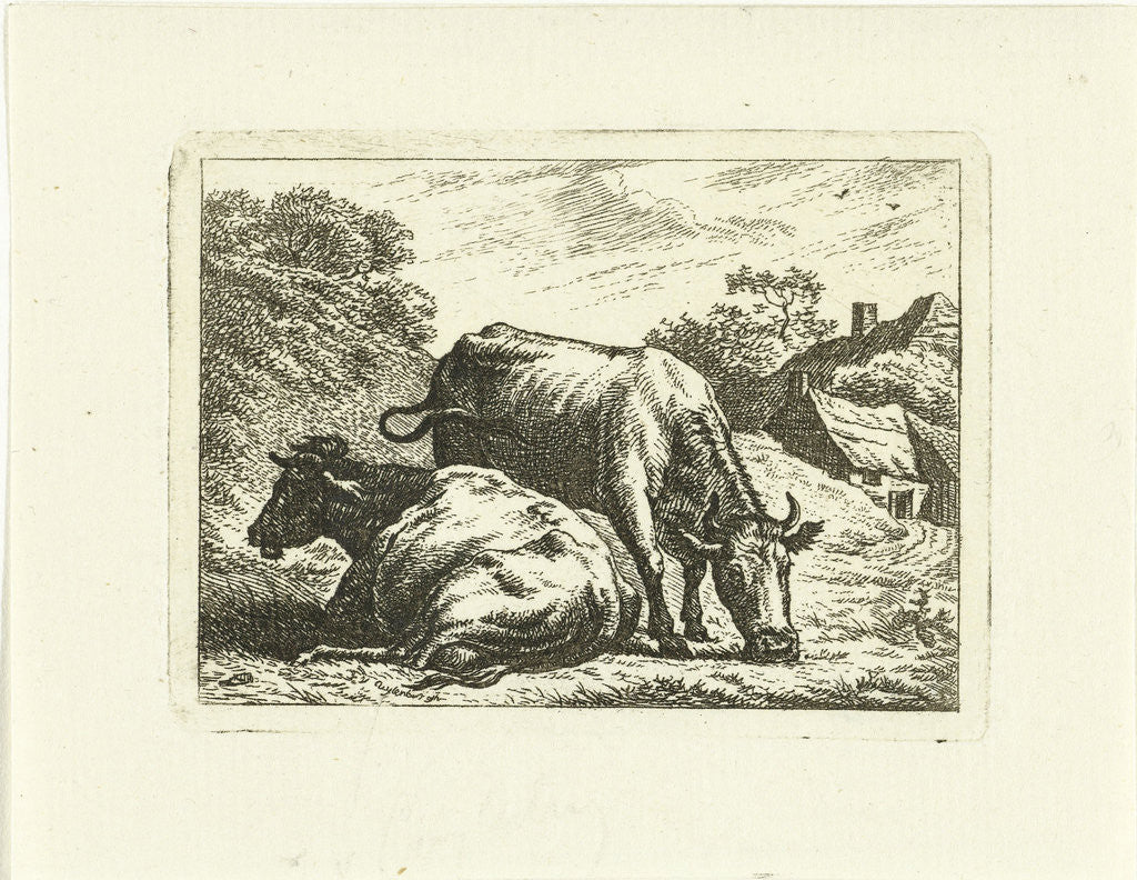 Detail of Two cows along road at farm by Johannes van Cuylenburgh